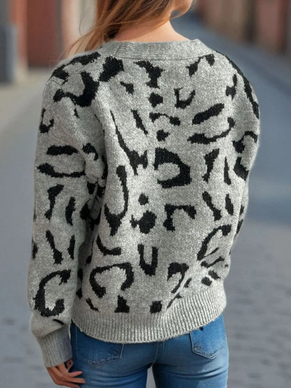 Leopard V-Neck Button Up Cardigan - Fashorio