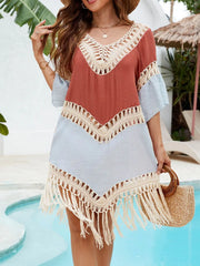 Backless Tassel Hem V-Neck Cover-Up Terracotta One Size - Fashorio