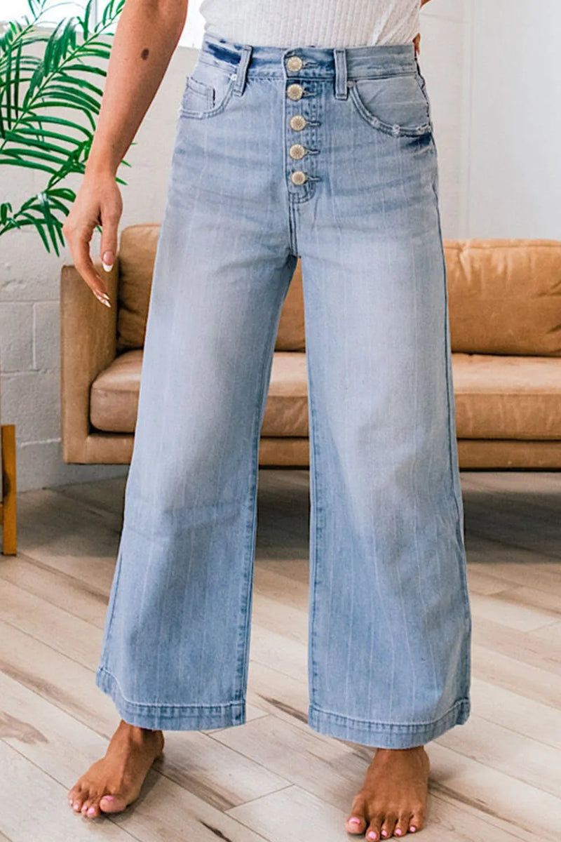 Button fly wide leg jeans in medium wash front view