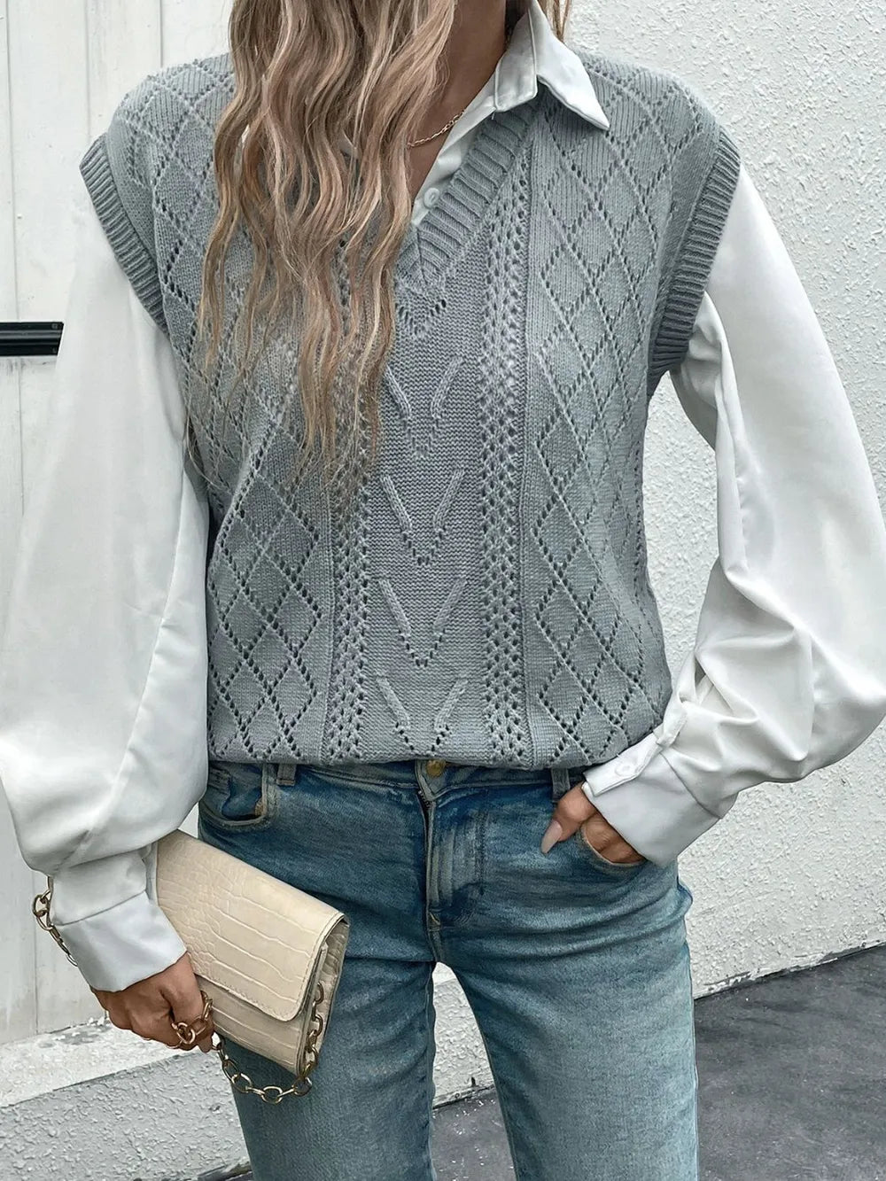 Openwork V Neck Sweater Vest in Gray detail