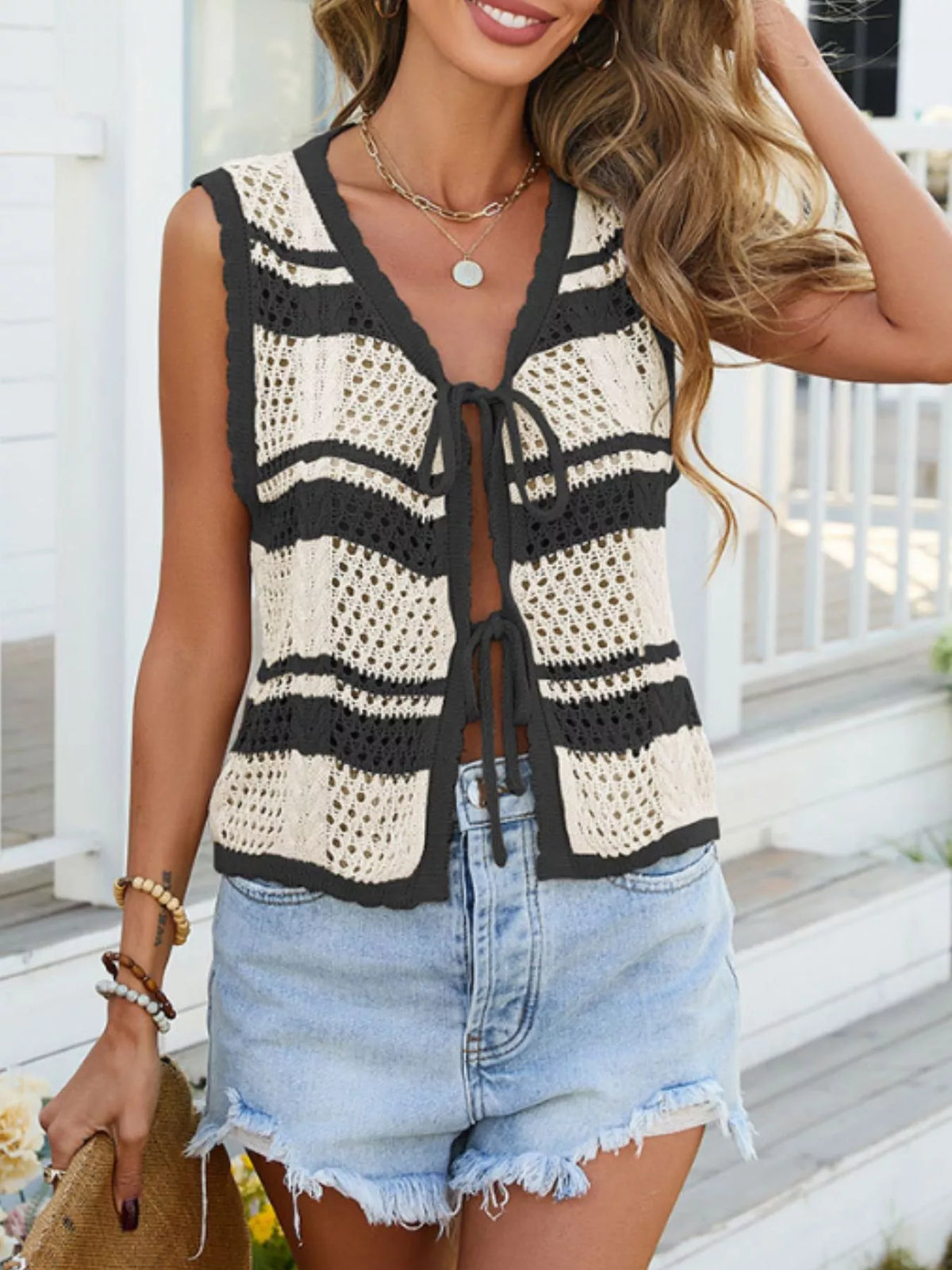 Striped crochet tie front cardigan knotted styling