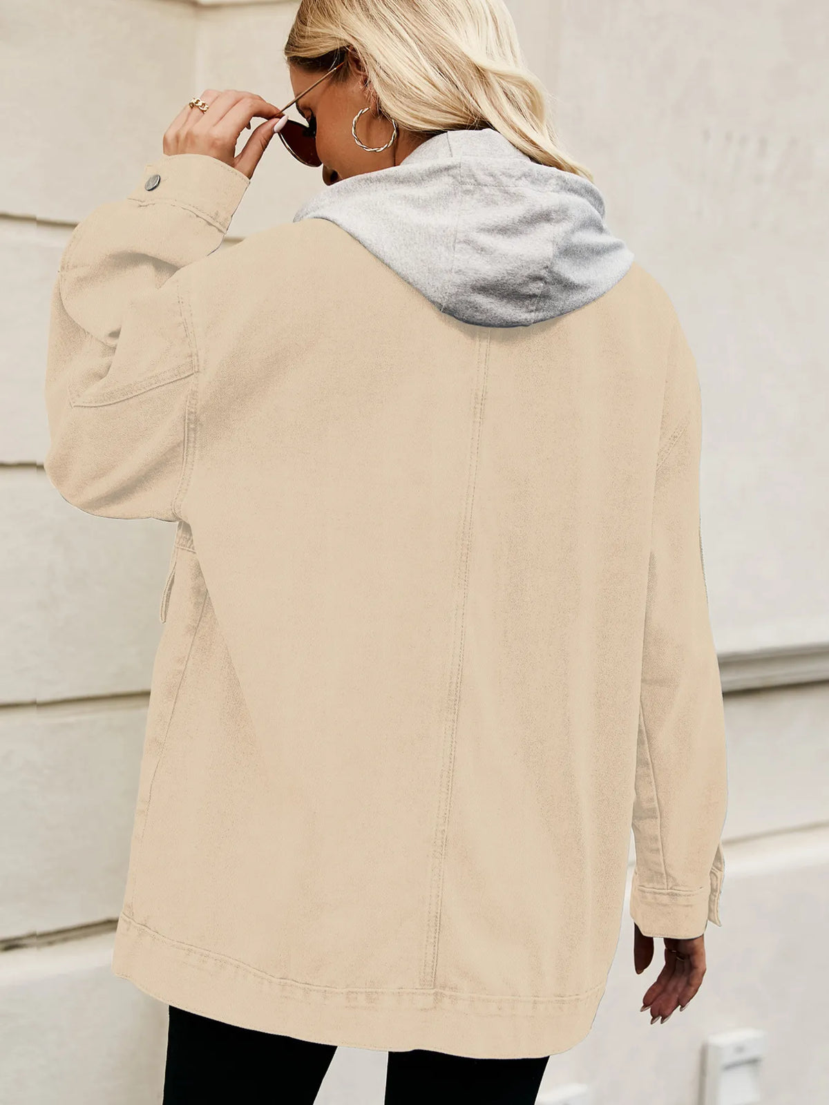 Oversized Hooded Denim Jacket in Light Blue close up