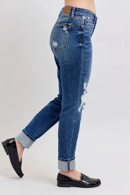 Judy Blue Full Size Mid Rise Boyfriend destroy Jeans with Yoke Pockets and Faux Selvedge Cuff Plus Size - Fashorio