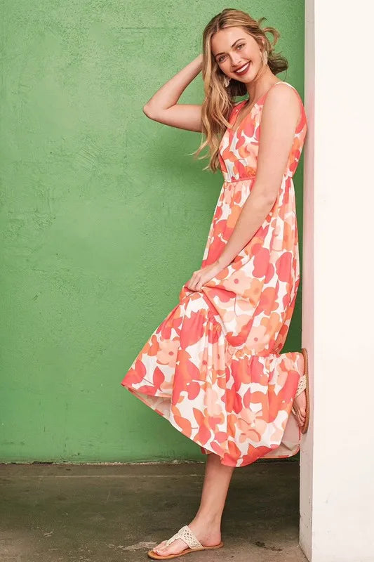 Sleeveless Floral Print V Neck Midi Dress detail