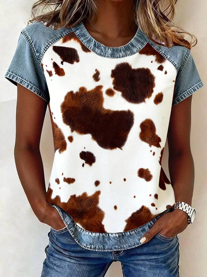 Patchwork short sleeve blouse, front view