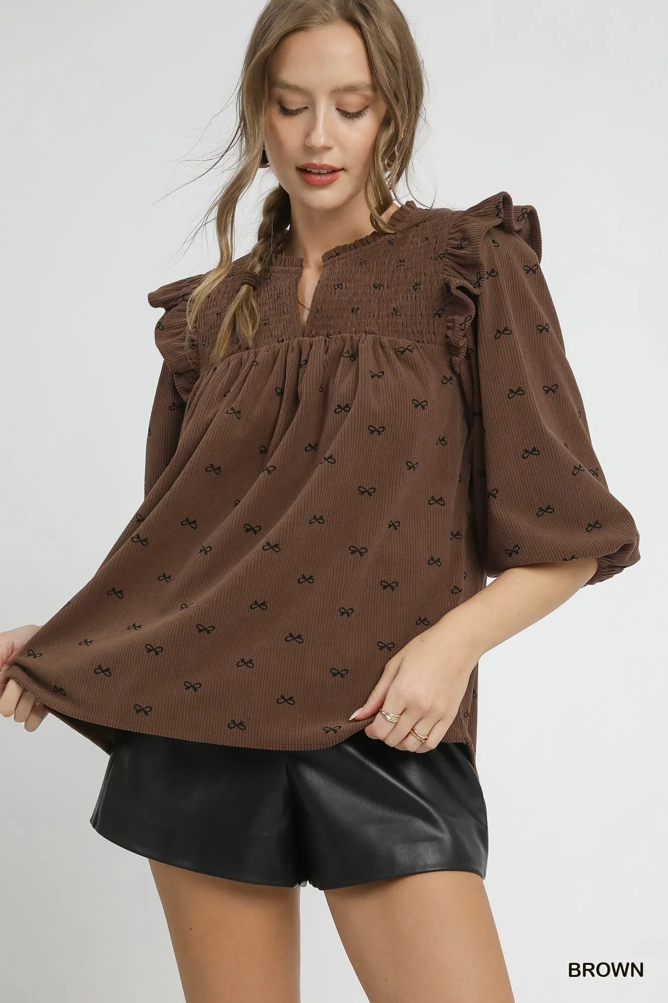 Umgee Bow Print Corduroy Puff Sleeve Blouse with Ruffled - Fashorio