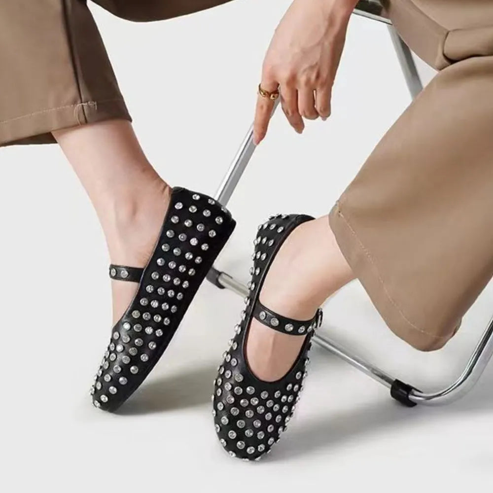 PU leather studded flat loafers side view