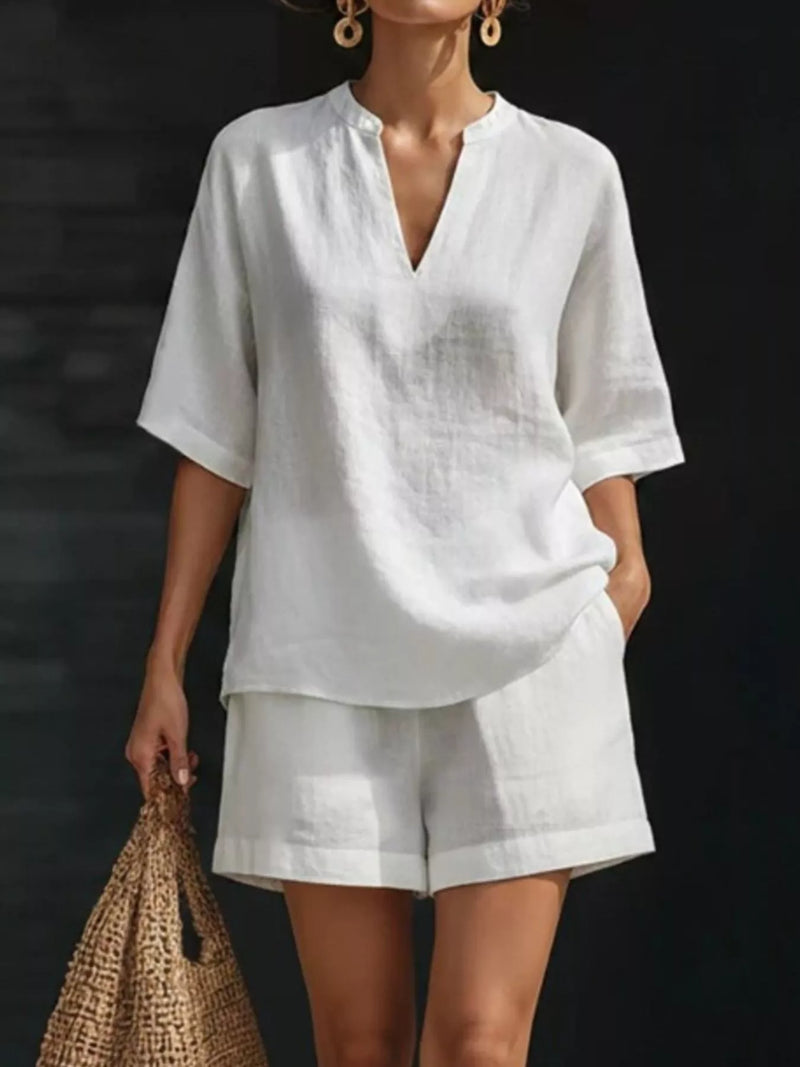 Notched half sleeve top and shorts two piece set front view