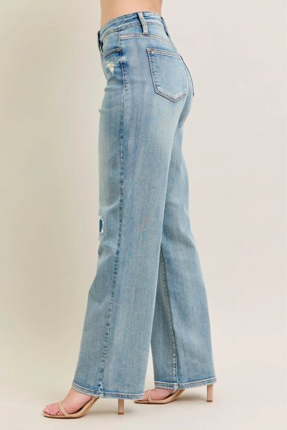 Judy Blue Full Size Hw Destroy & Knee Patch Straight Jeans Plus Size - Fashorio