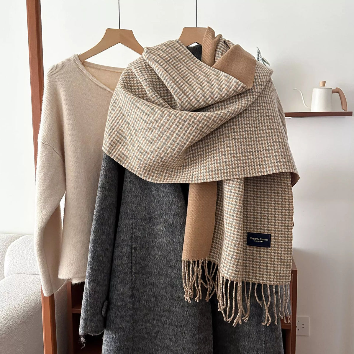 Full length view of the plaid fringe winter scarf