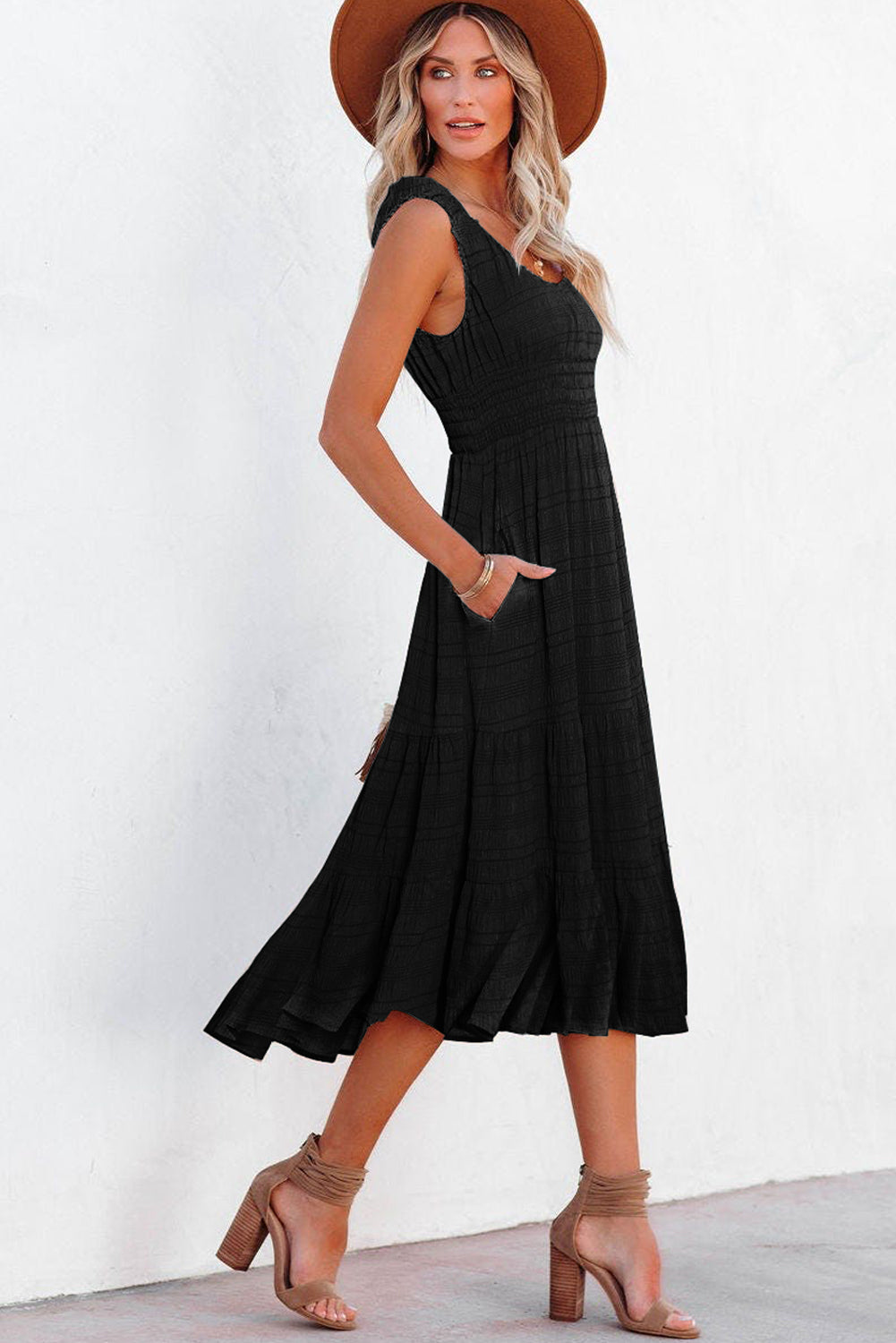 Black square neck midi dress bodice detail