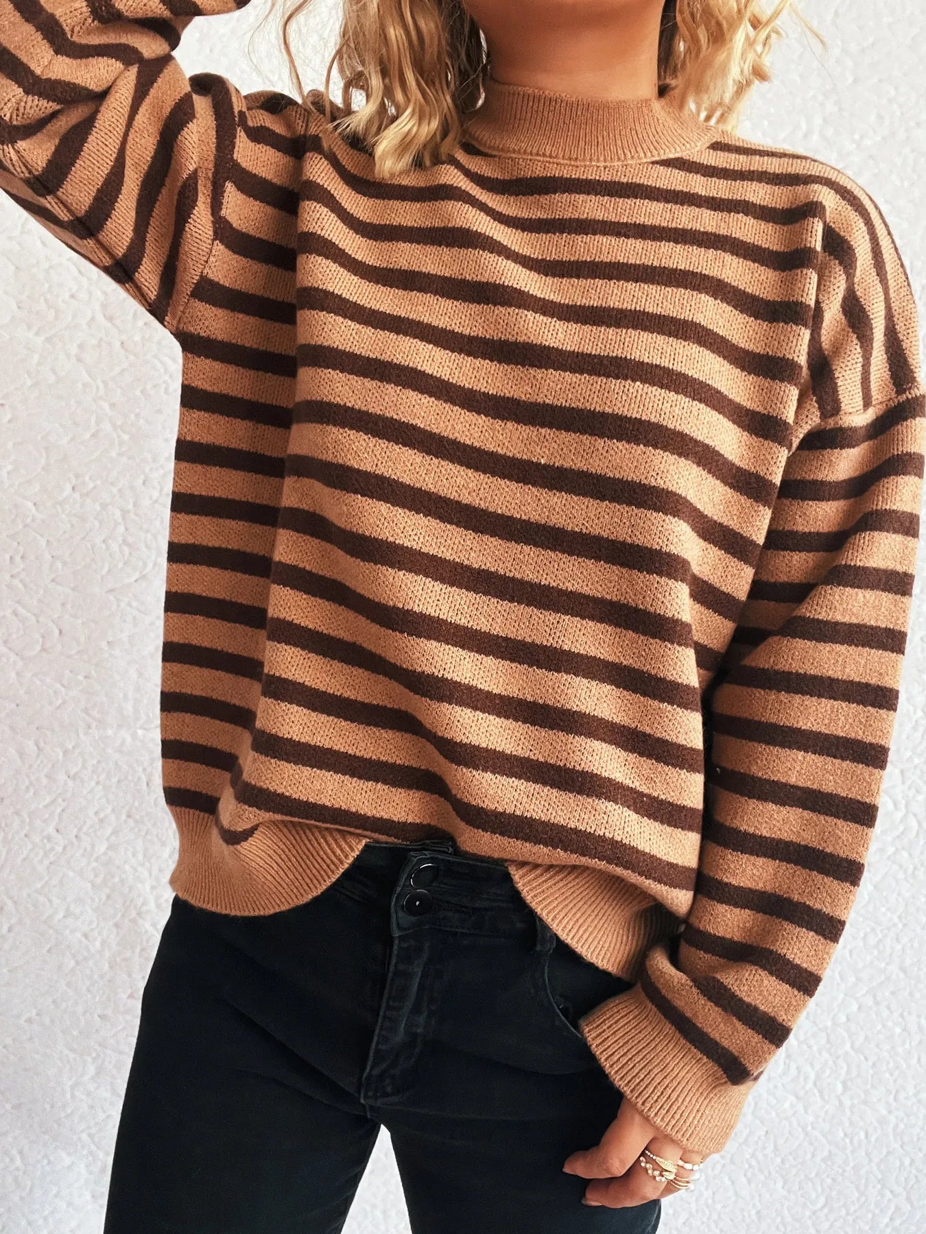 Striped Mock Neck Long Sleeve Sweater Khaki - Fashorio