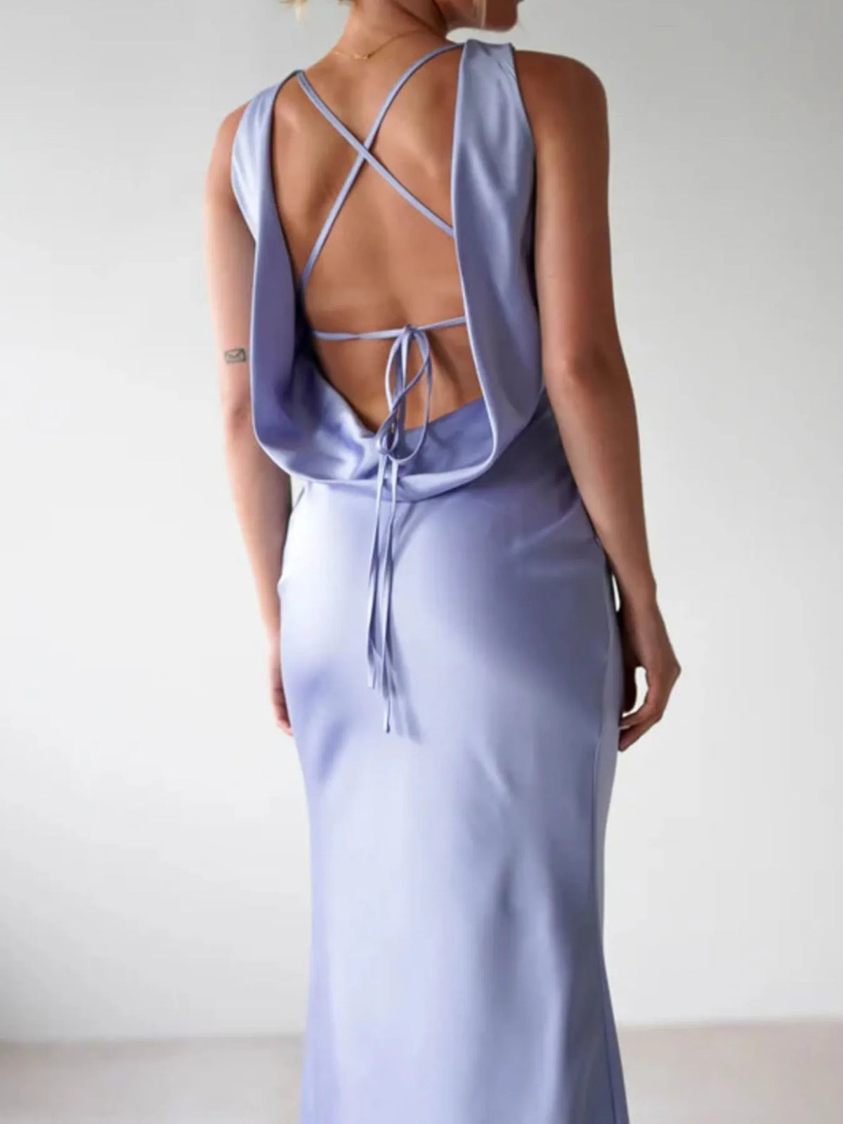 Satin Sleeveless Maxi Dress, neckline detail