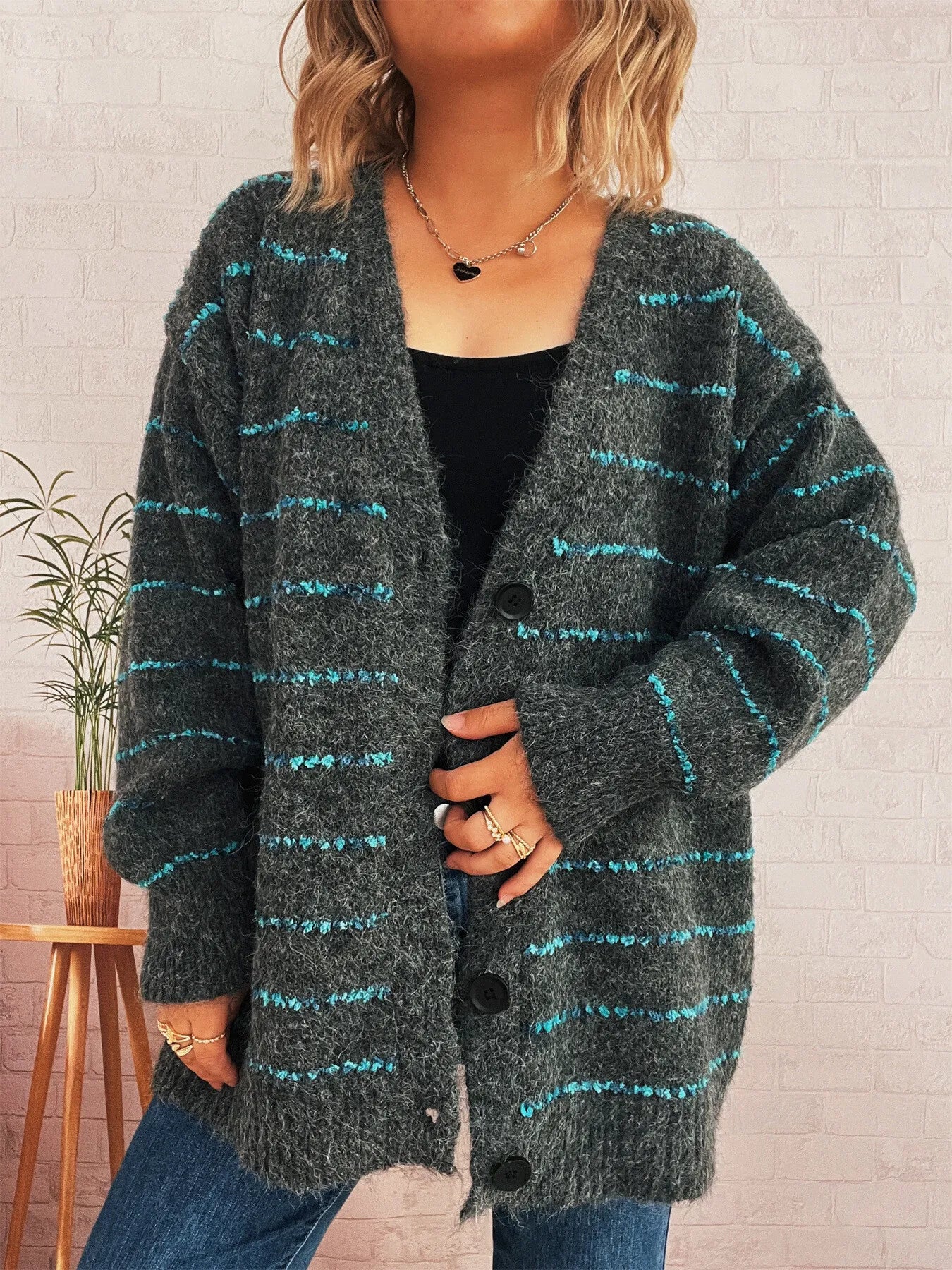 Striped Button-Up Cardigan with V-Neck Design Brown One Size - Fashorio