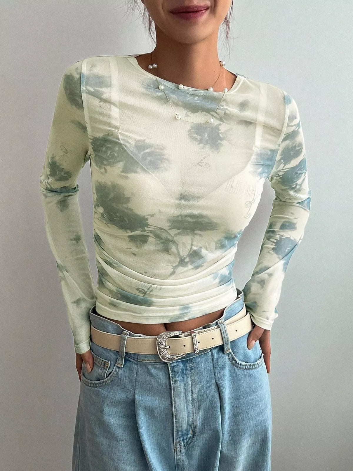Green floral sheer mesh long sleeve tee front view