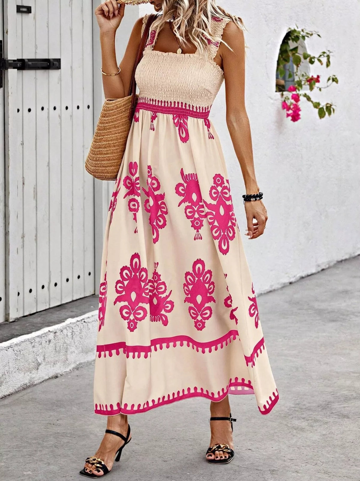 printed square neck smocked maxi dress neckline detail