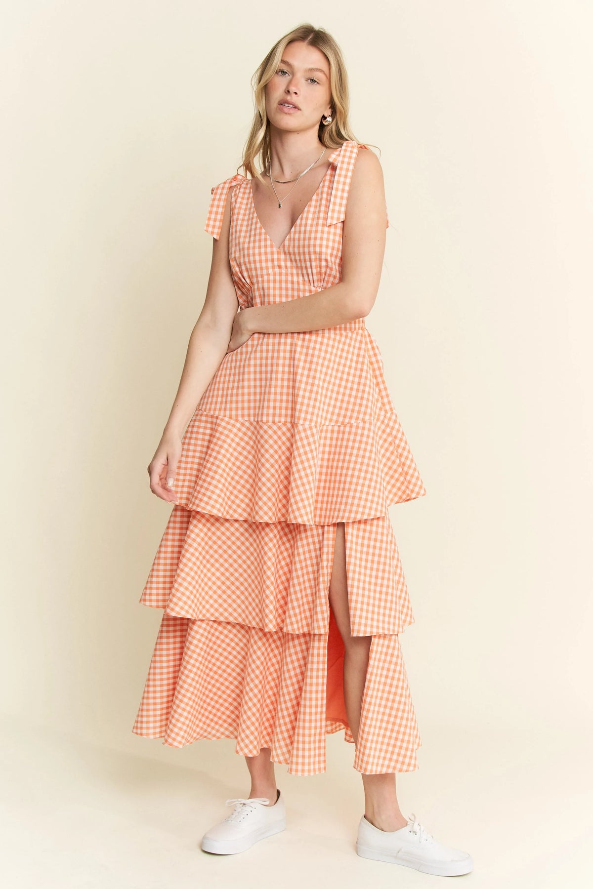 Sleeveless Gingham Print Tiered Midi Dress back view