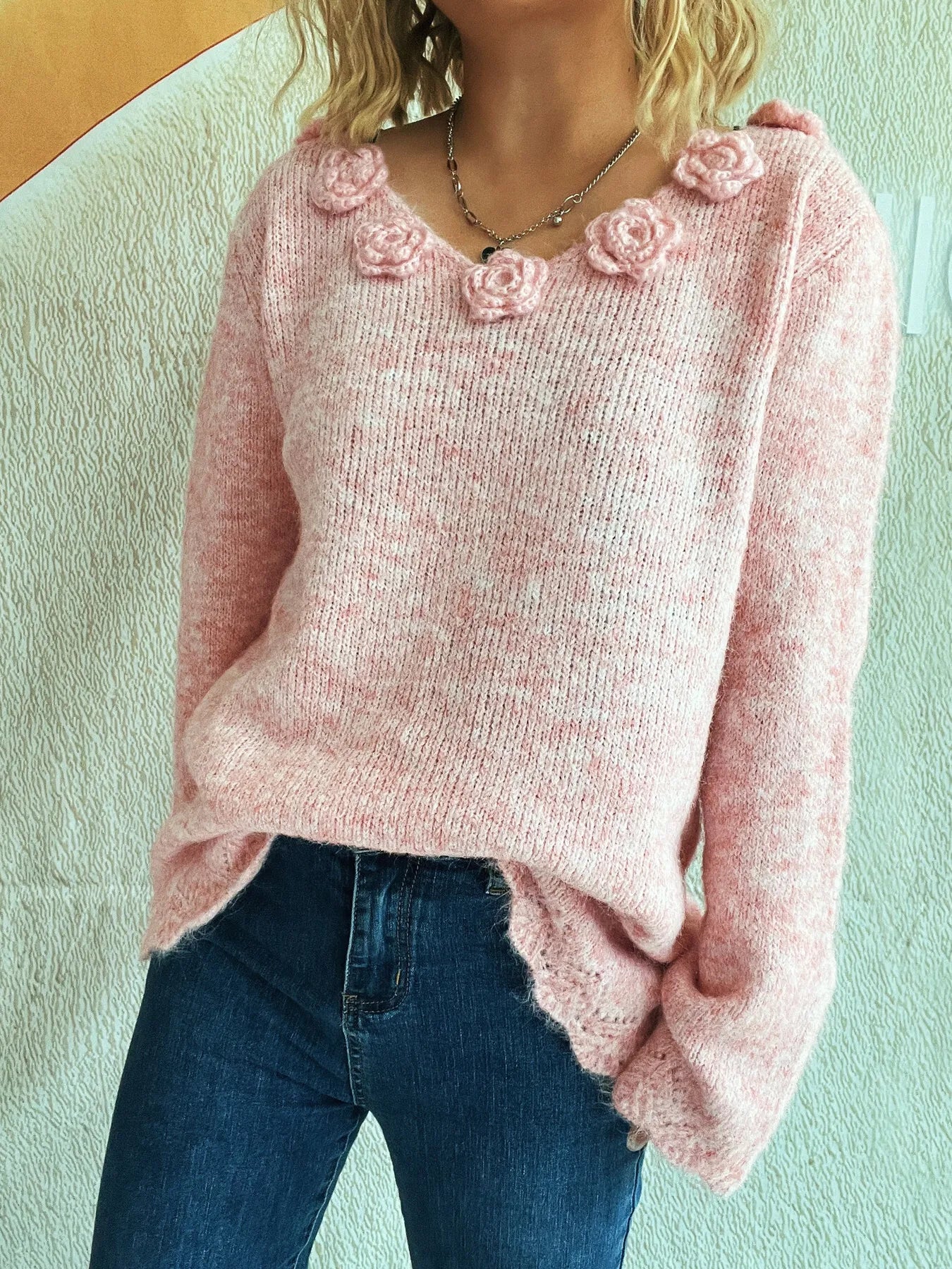 Flower V-Neck Long Sleeve Sweater - Fashorio