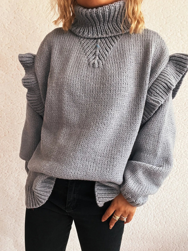 Ruffled turtleneck long sleeve sweater front view