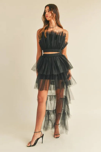 MABLE Tulle Tube Ruffle Crop Top and High Low Maxi Skirt Set - Fashorio