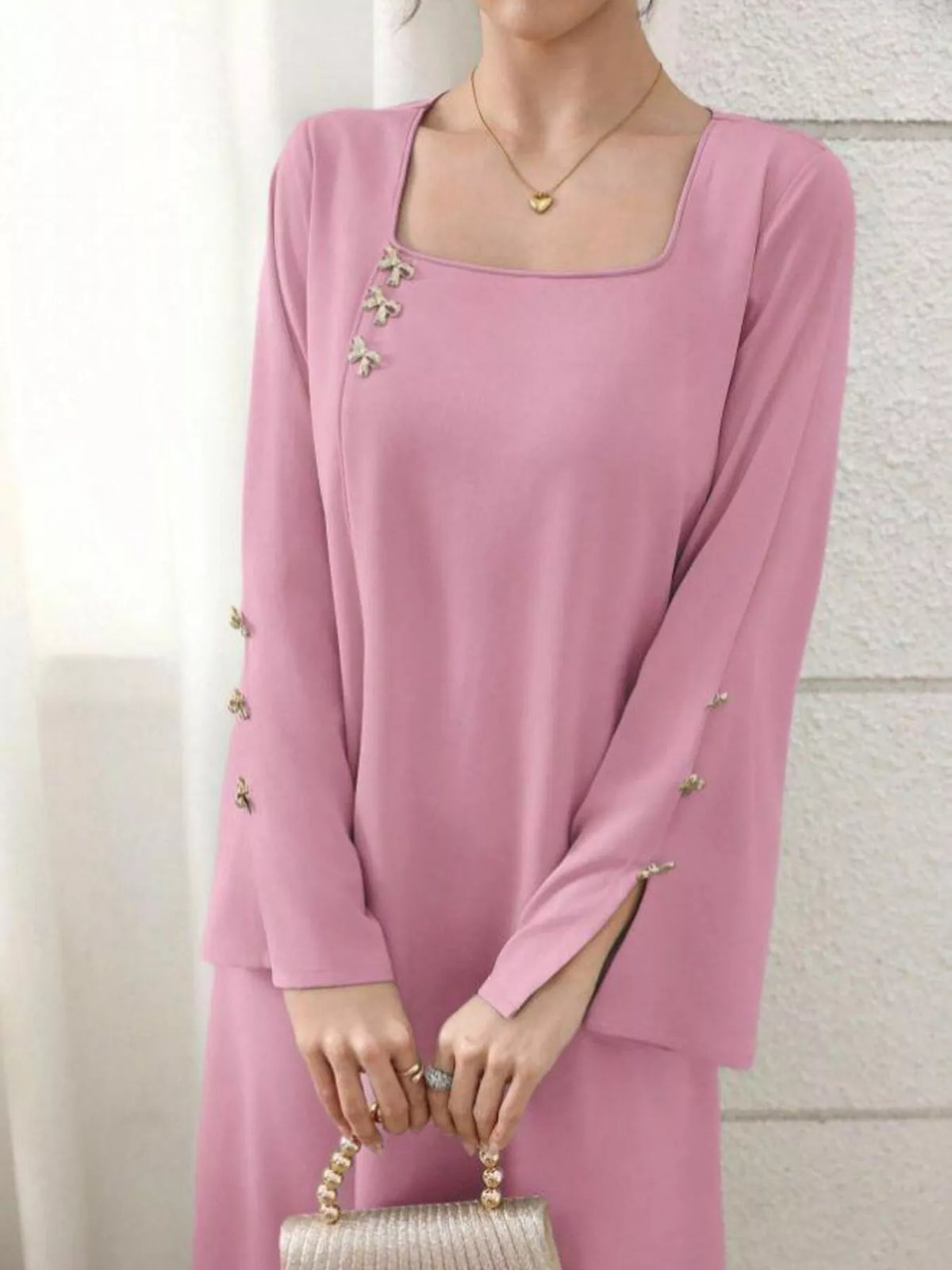 dusty pink square neck long sleeve maxi dress full length view