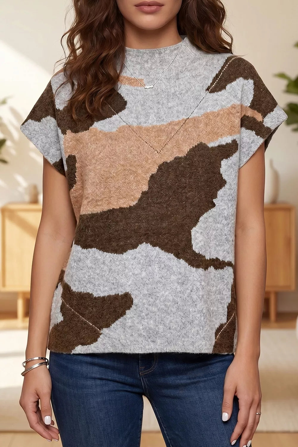 Camouflage High Neck Short Sleeve Sweater side view