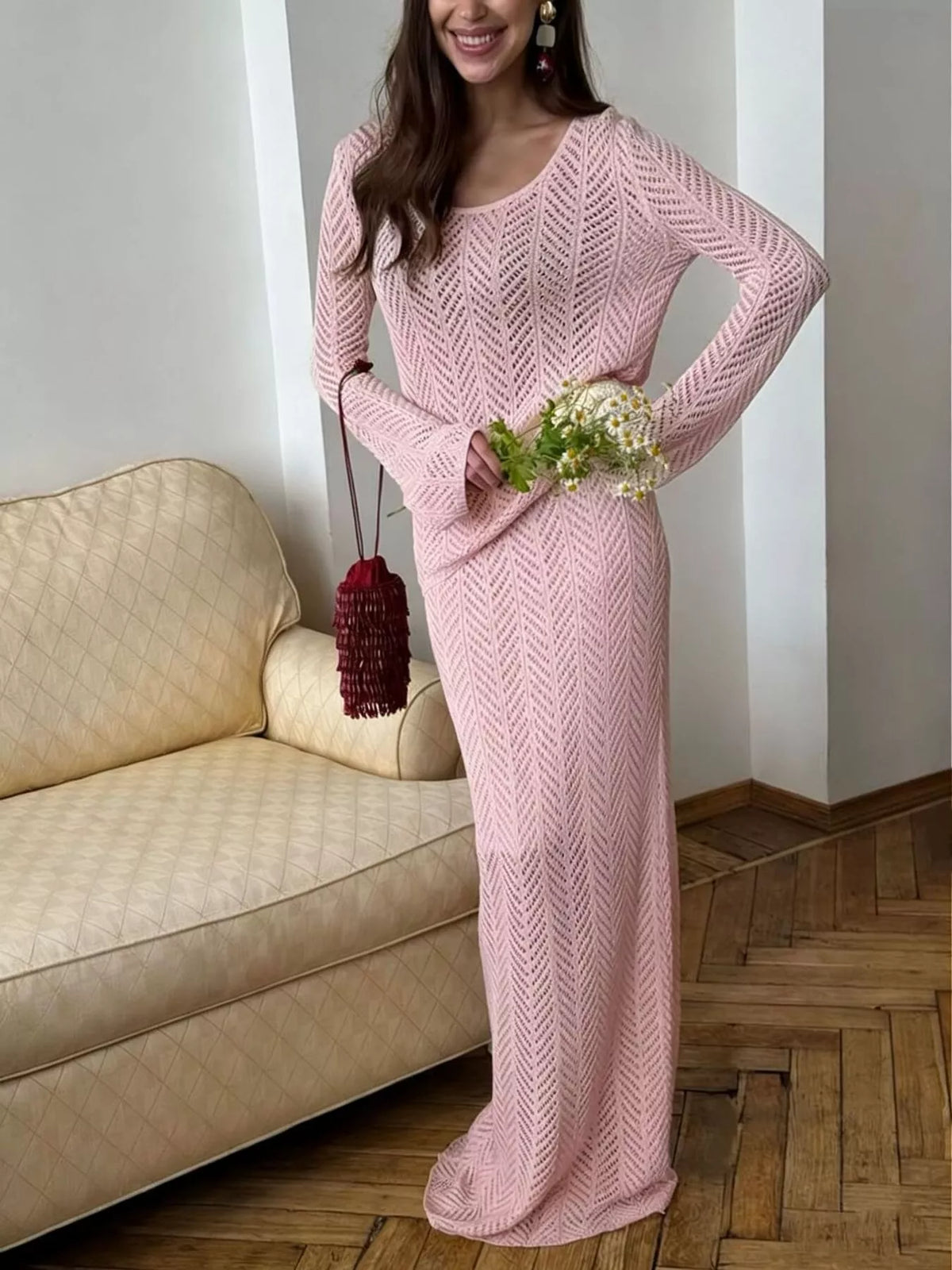 Openwork long sleeve knit top and skirt matching set