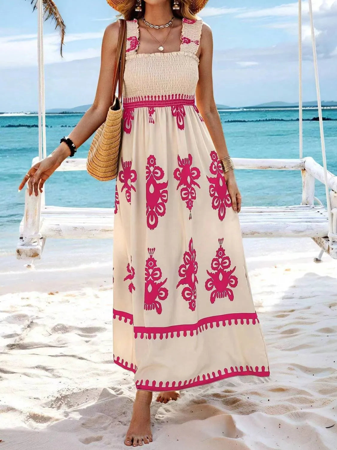 Smocked Printed Wide Strap Maxi Dress, view 24