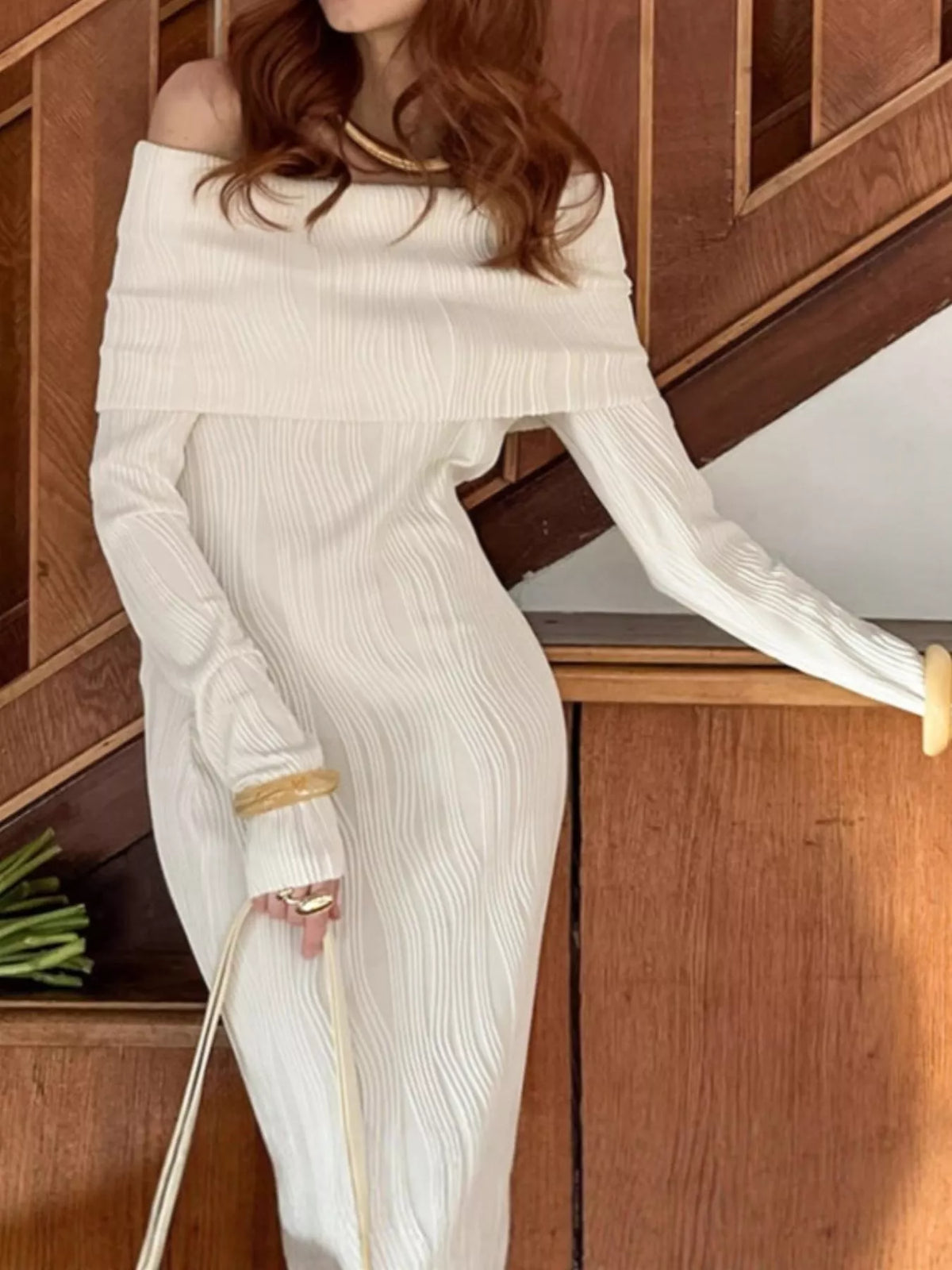 Ivory off shoulder textured knit maxi dress, side view