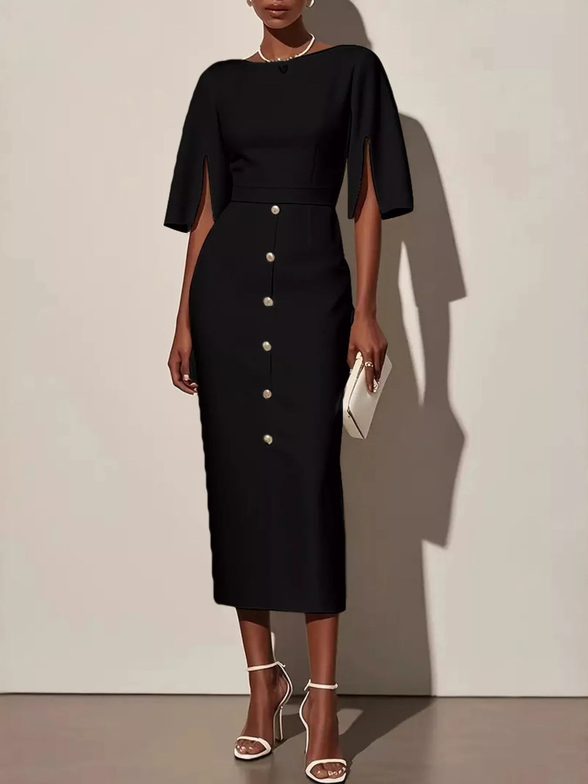 Slit Sleeve Midi Dress with Buttons back view
