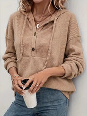 Drawstring Button Front Hoodie Khaki - Fashorio