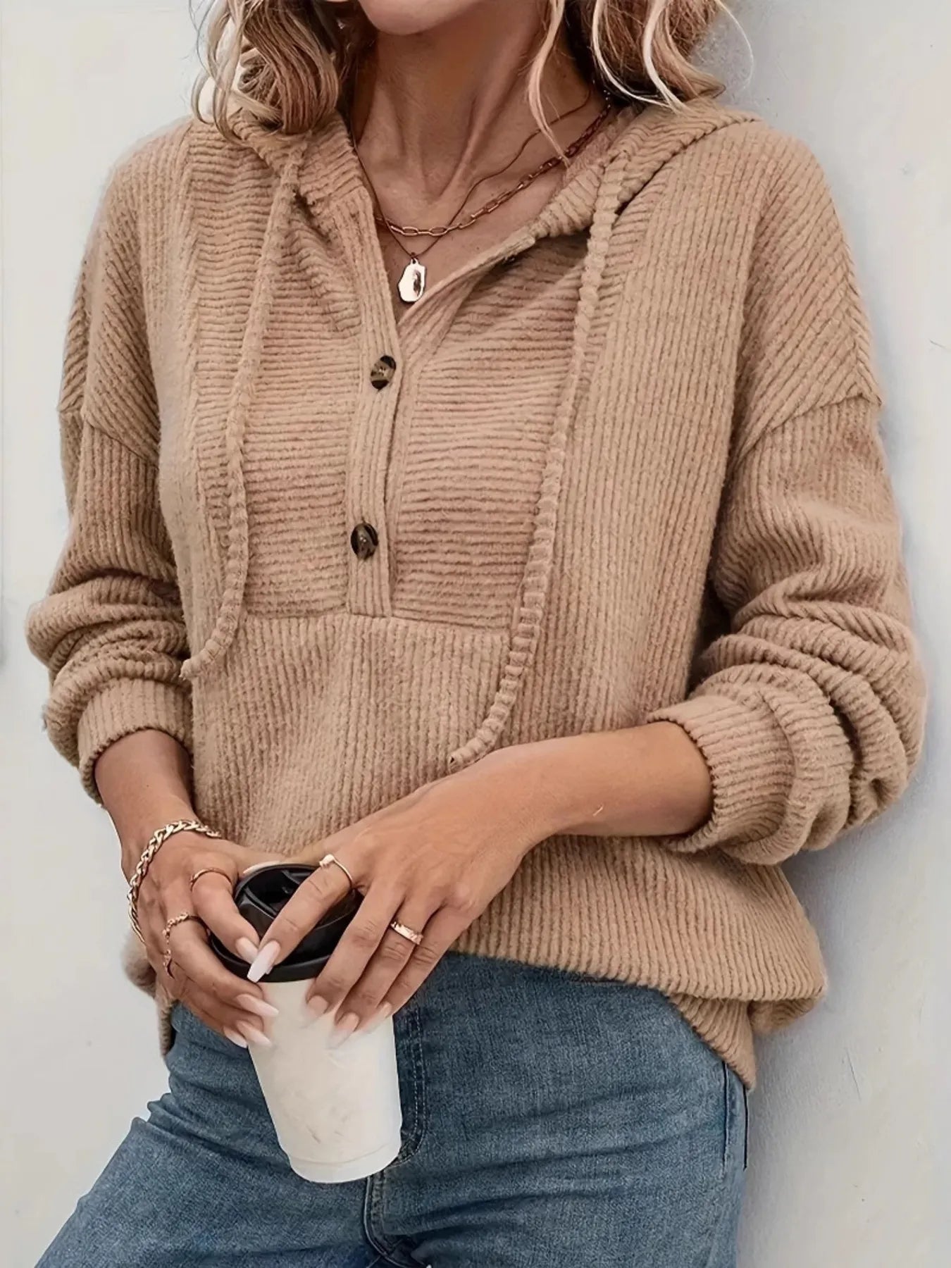 Drawstring Button Front Hoodie Khaki - Fashorio