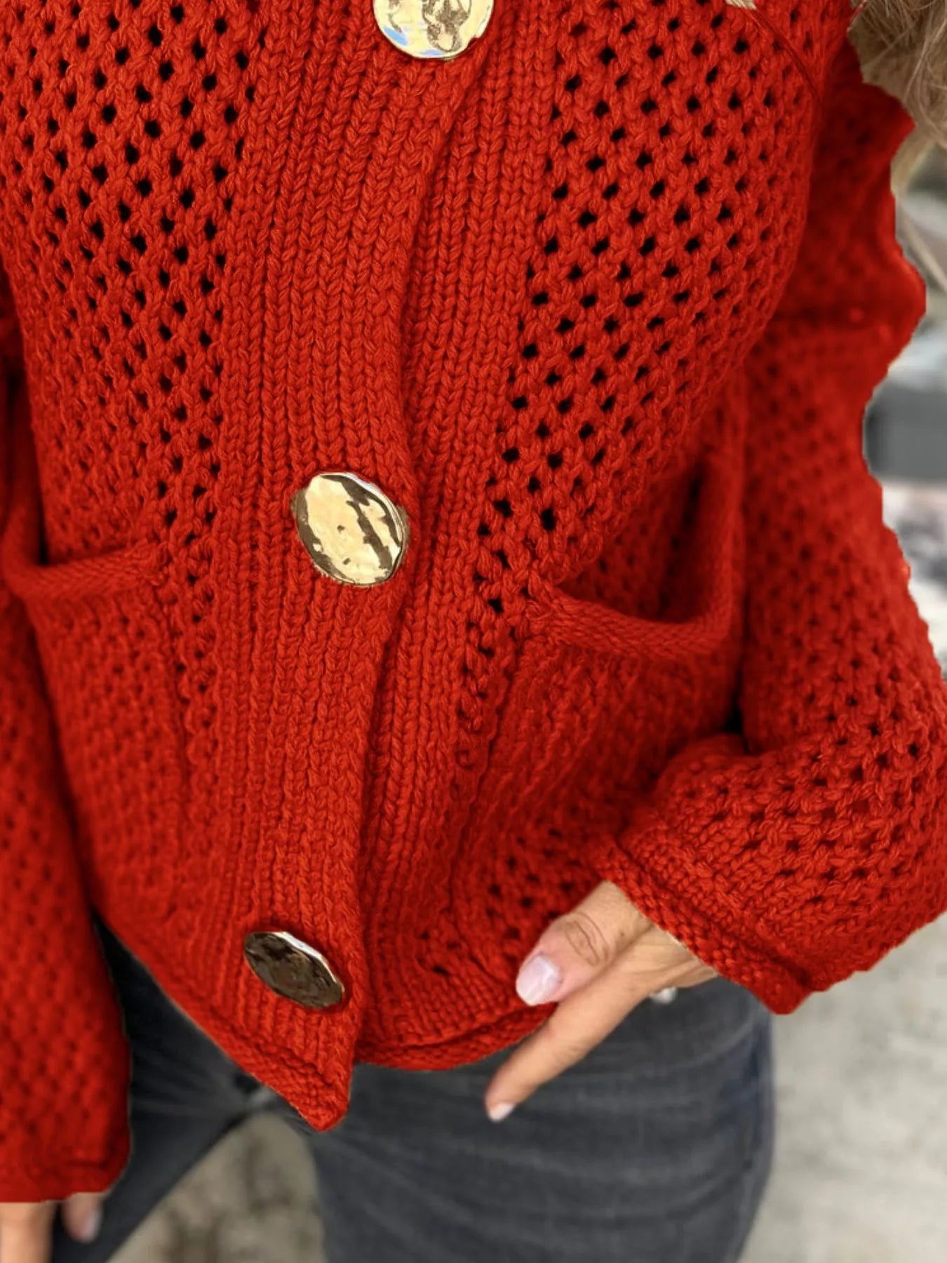 Crochet Button Up Long Sleeve Cardigan - Fashorio