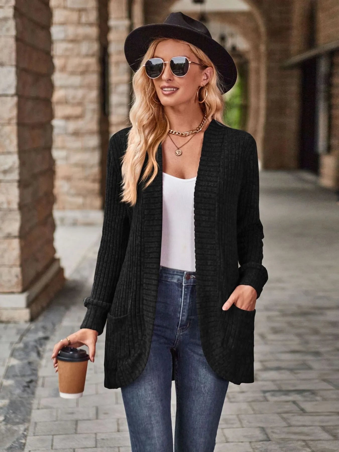 Ribbed Open Front Long Cardigan with Pockets - Fashorio