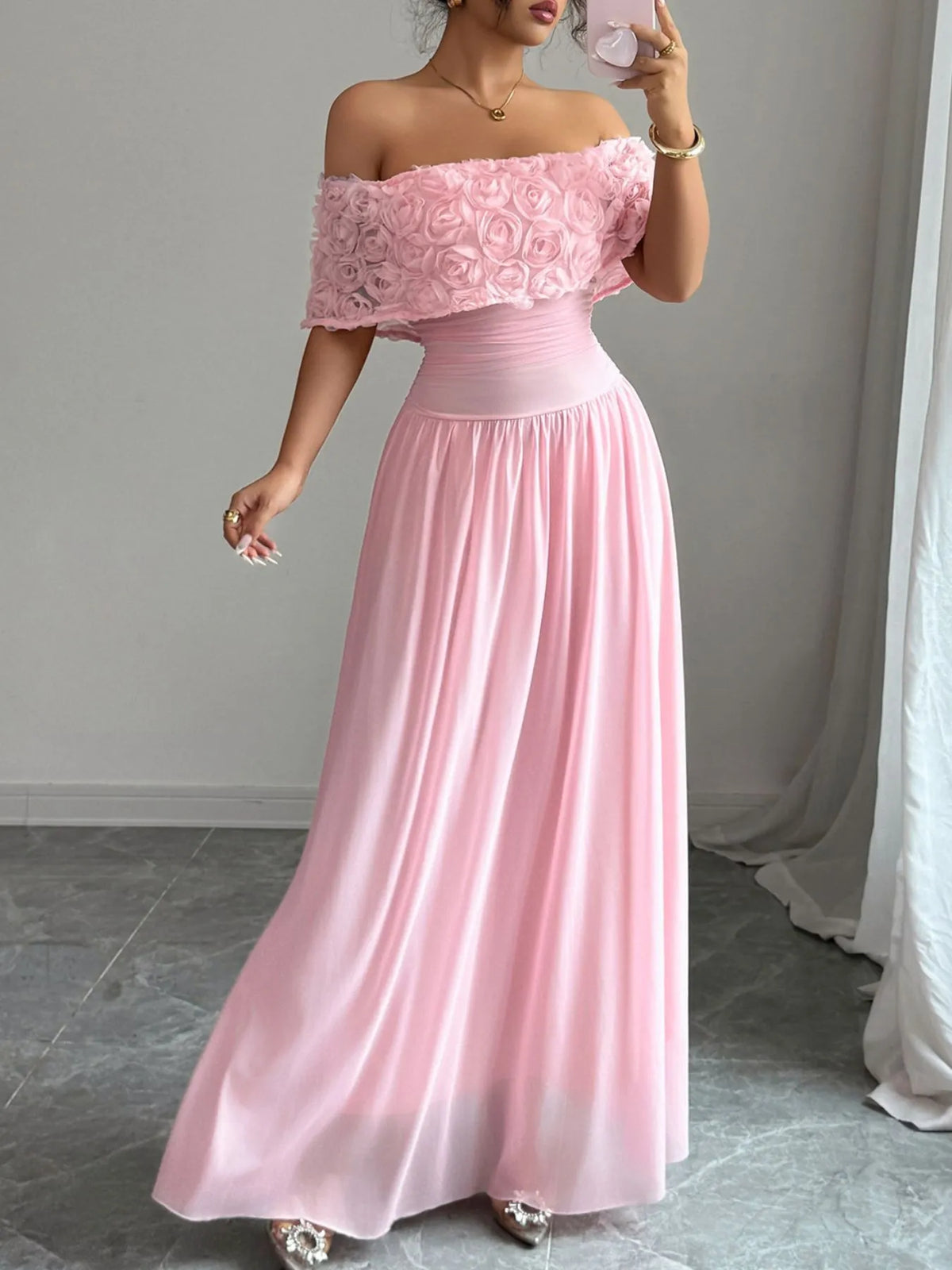 Pink off shoulder rose embellished maxi dress front view