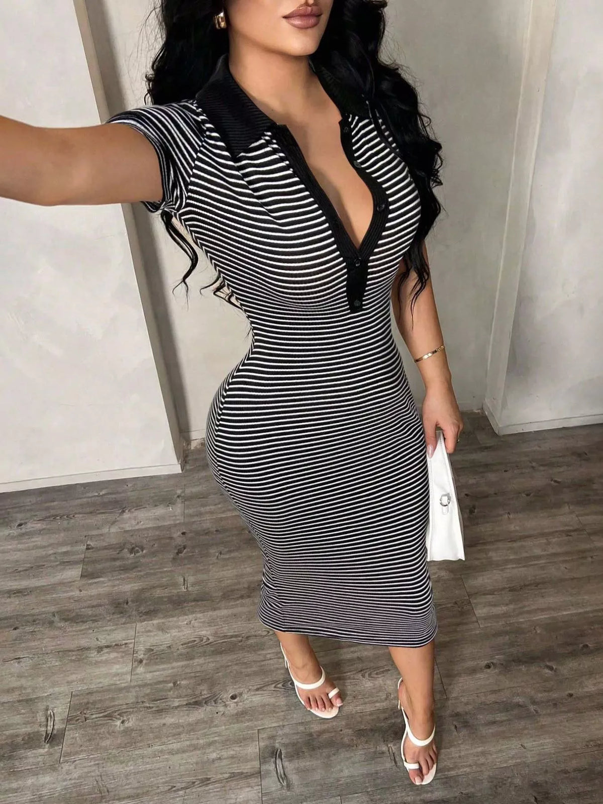 Striped polo collar midi dress detail view