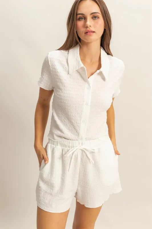 HYFVE Textured Short Sleeve Top and Drawstring Shorts Knit Set White - Fashorio
