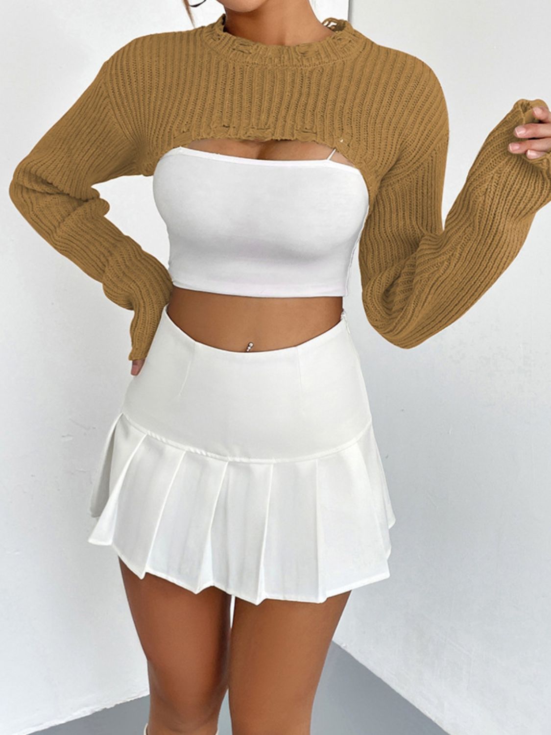 Distressed Long Sleeve Cropped Sweater - Fashorio