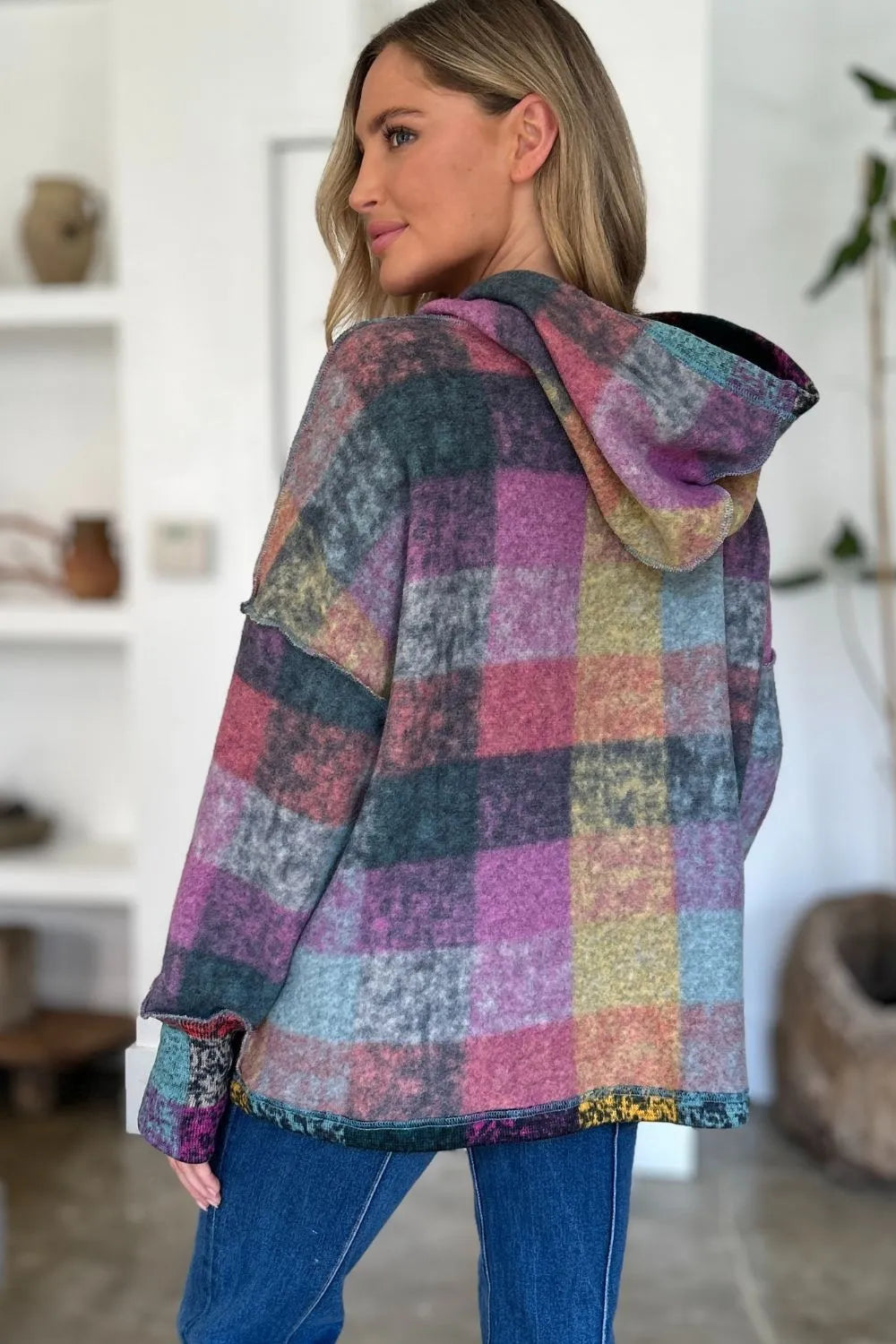 Plaid fleece hoodie front view