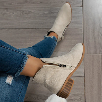 Side Zip Ankle Boots with Block Heel - Fashorio