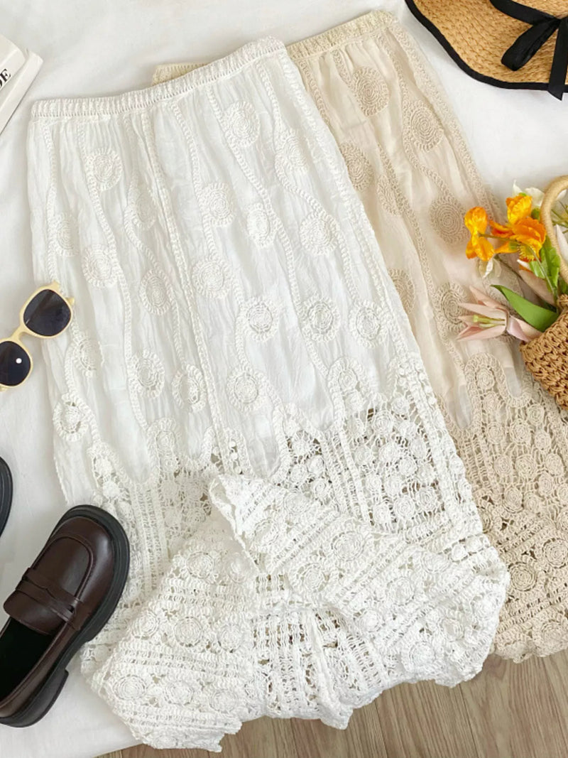 Lace elastic waist midi skirt, front view