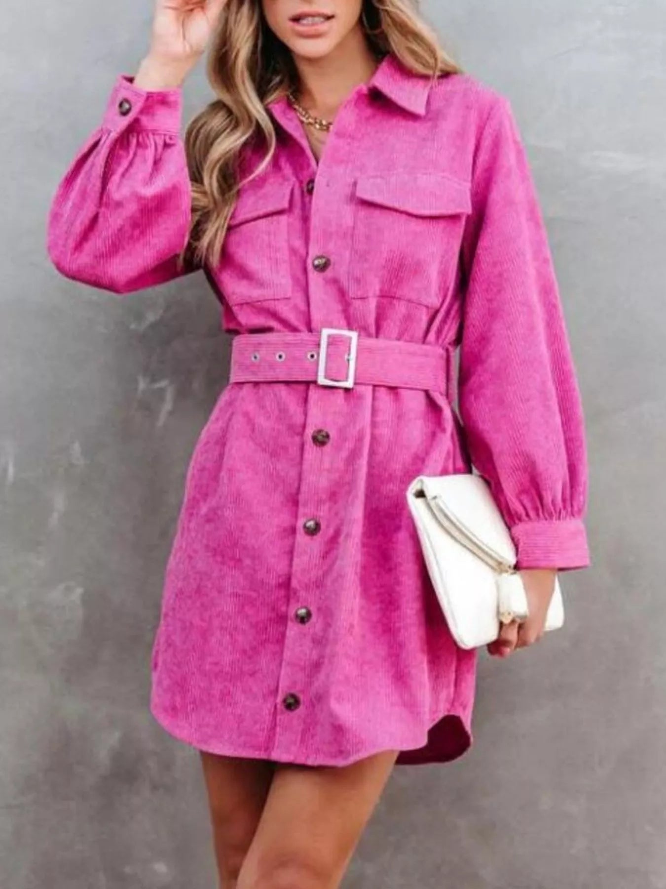 Button Front Belt Long Sleeve Corduroy Dress Rose Red - Fashorio