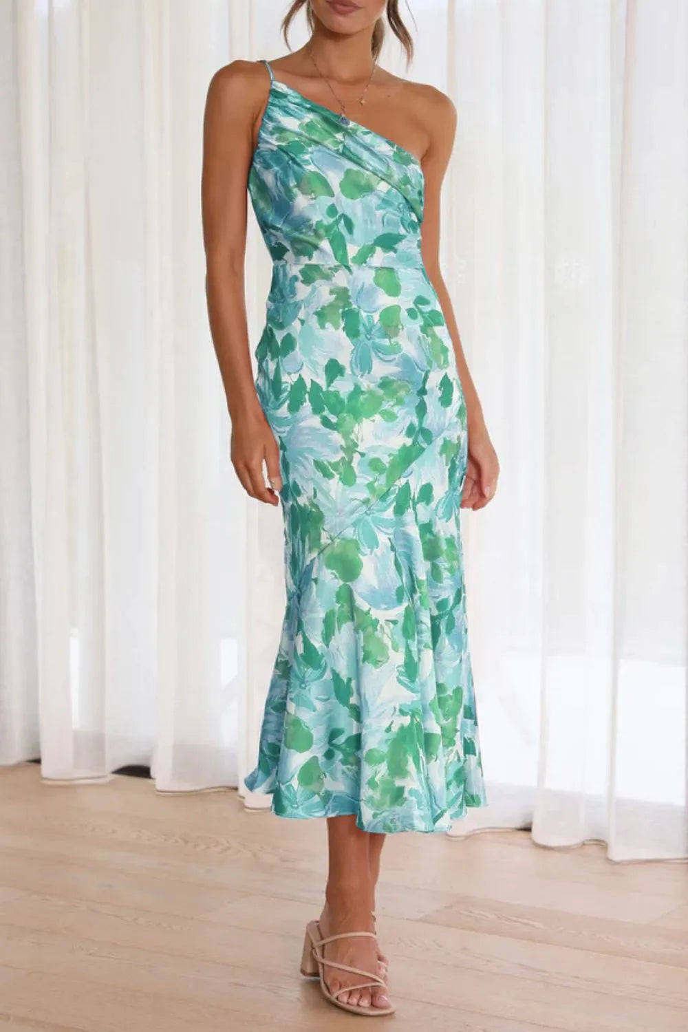 Teal single shoulder ruched midi dress front view