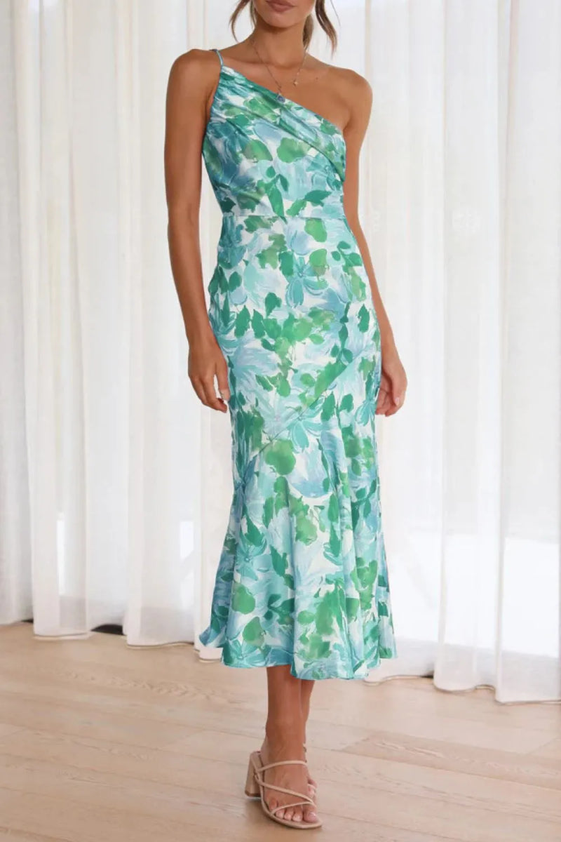 Teal single shoulder ruched midi dress front view