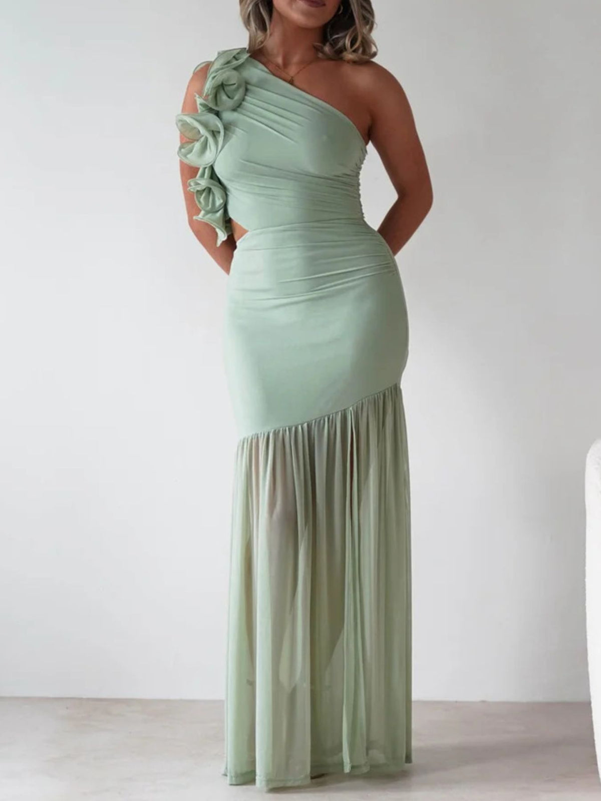 one shoulder ruffle trim maxi dress neckline detail