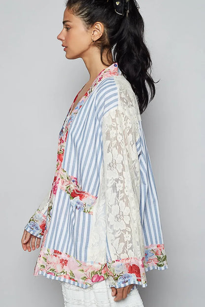 POL Lace Long Sleeve Striped Cardigan with Floral Patchwork Detail - Fashorio