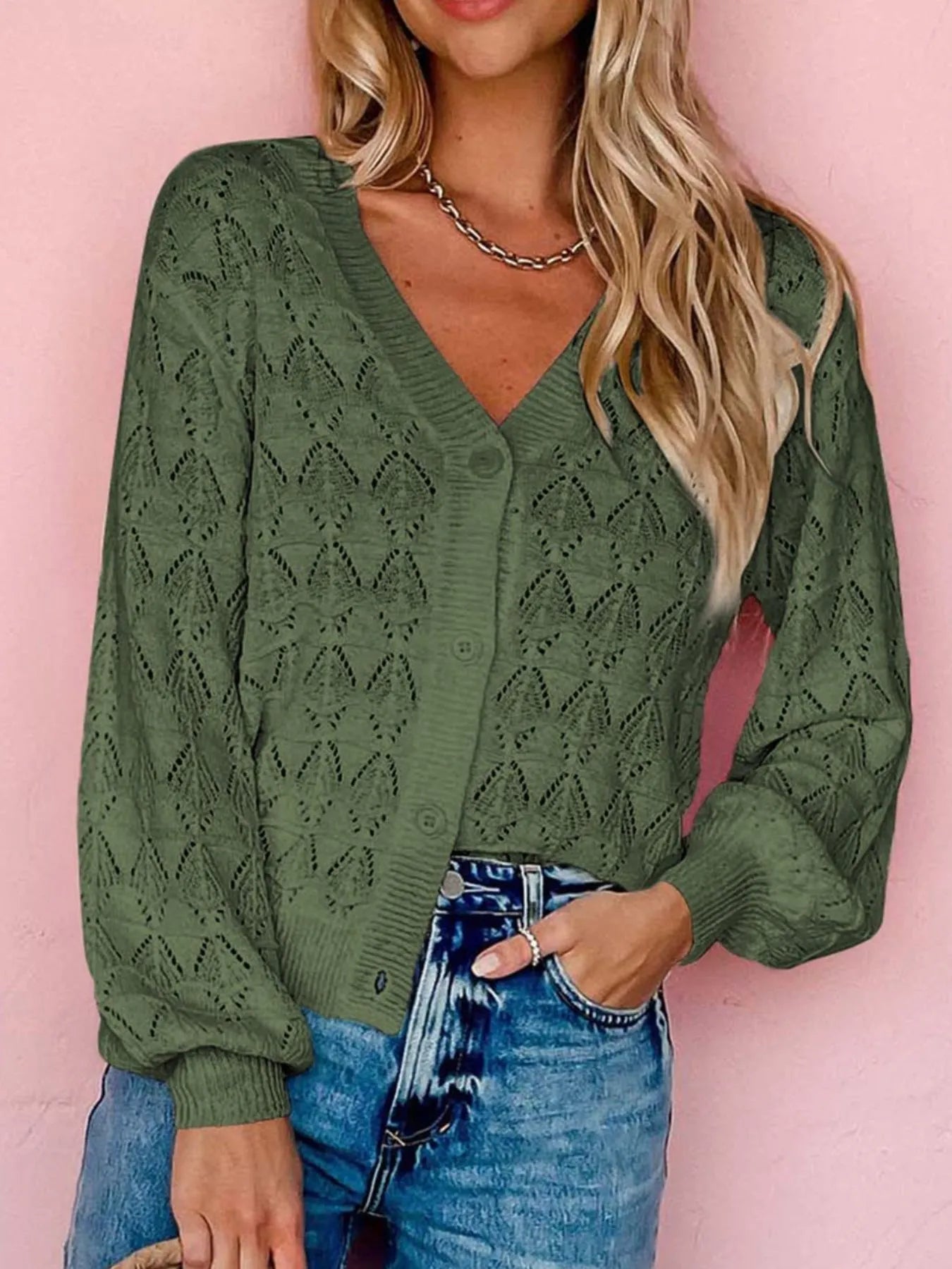 Openwork Button Up Cardigan - Fashorio