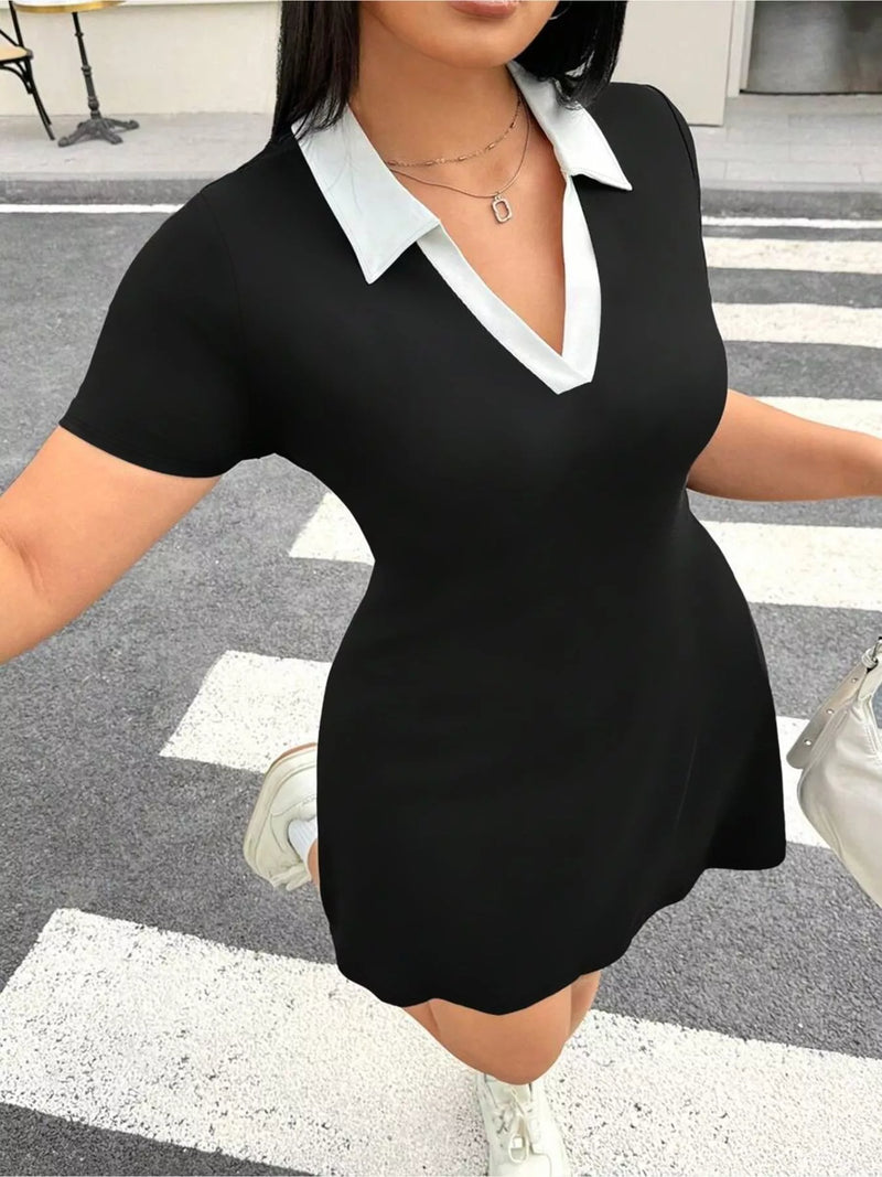 Plus size black contrast collar bodycon mini dress front view