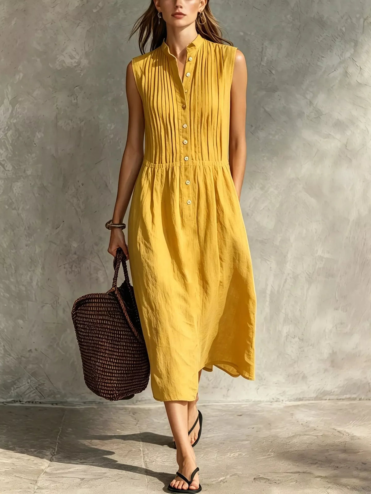 Sleeveless Button Front Midi Dress with Pockets, view 15