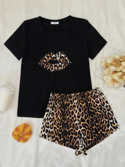 Leopard Lip Graphic Top and Shorts Lounge Set Black - Fashorio